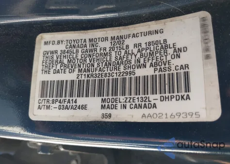 2003 Toyota Matrix Std z USA, uszkodzony, nr VIN 2T1KR32E83C122995